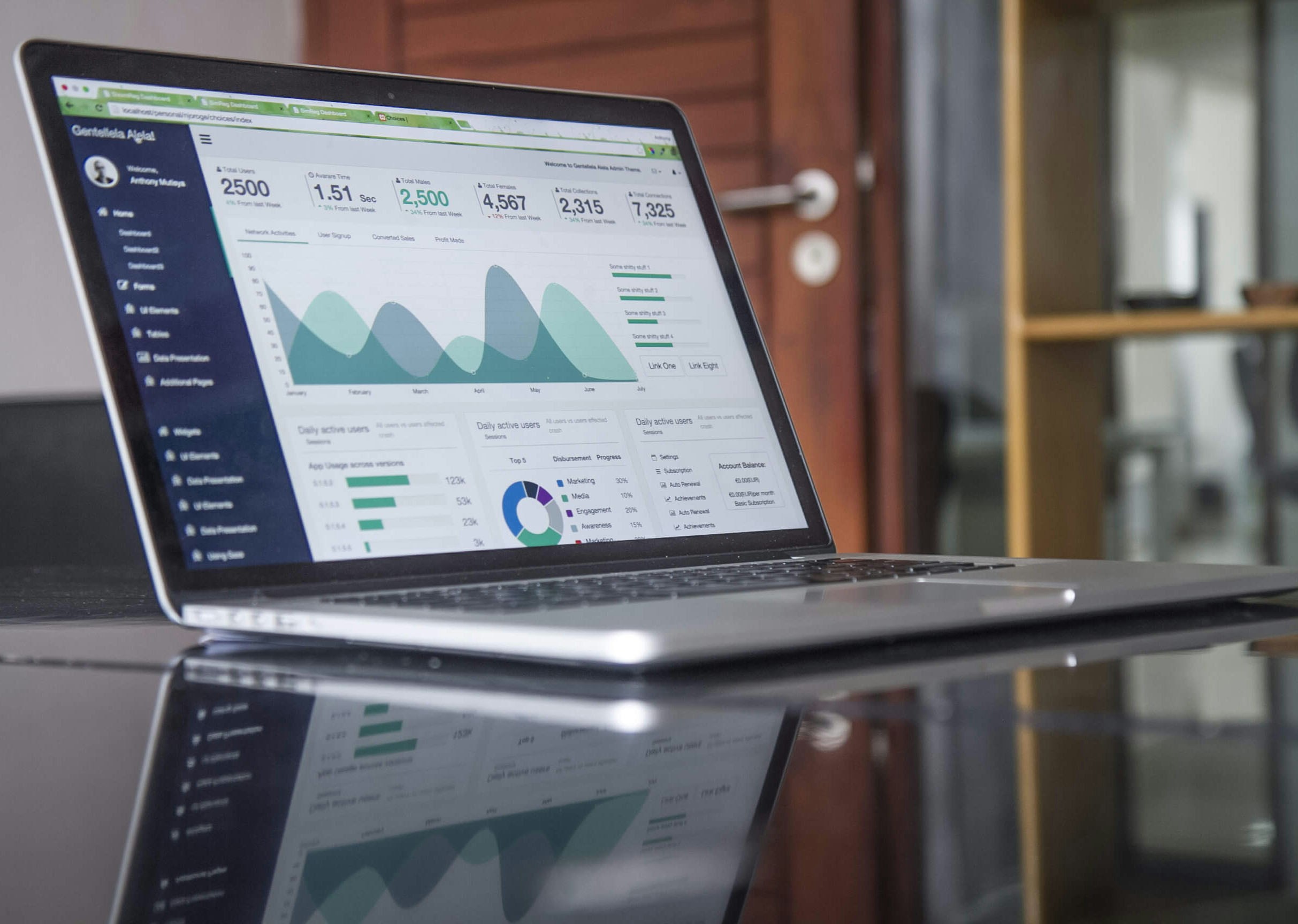 Laptop on shiny table displaying analytics data