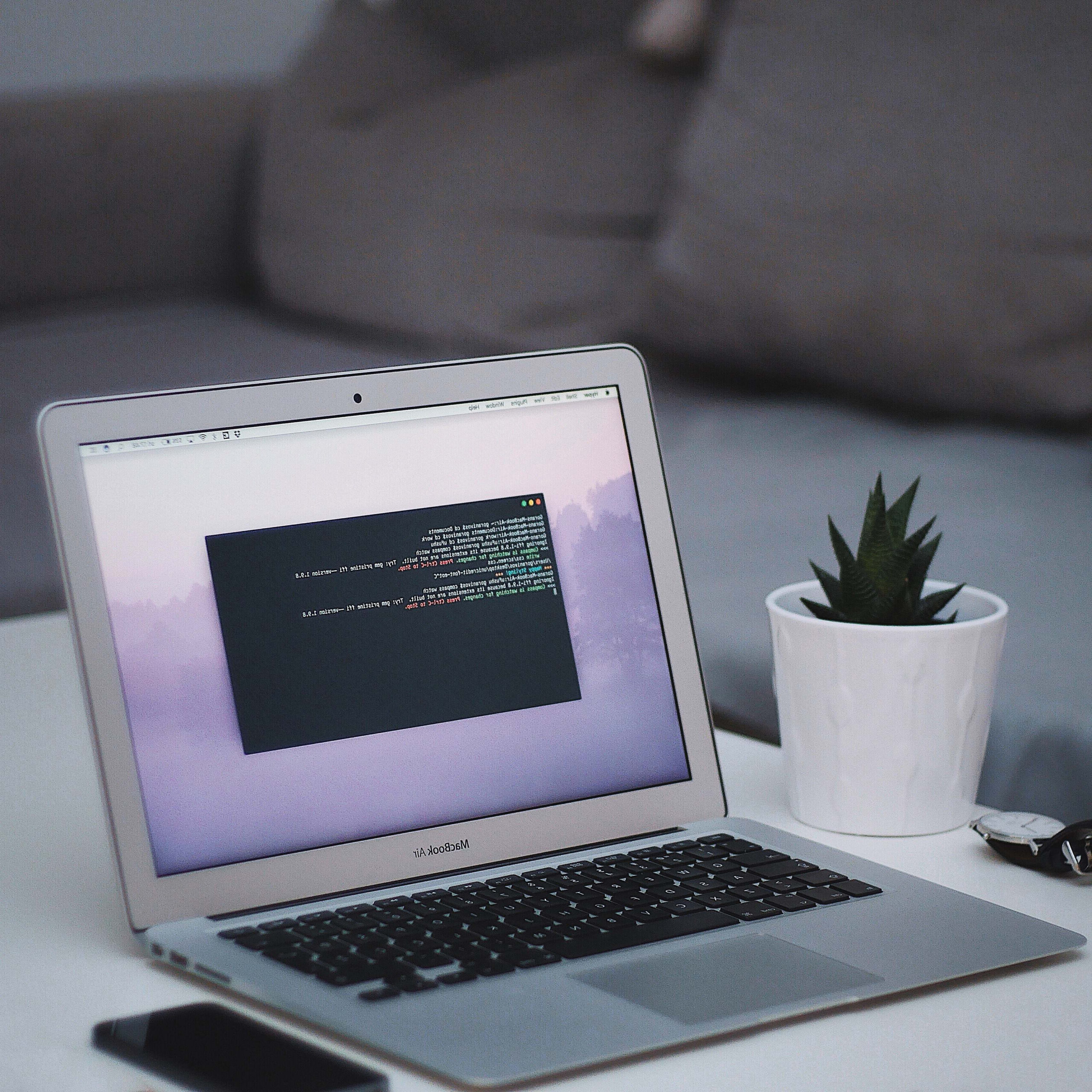 Laptop sitting on a table in front of a couch. Laptop has a purple desktop background and a command prompt displaying code on it. A fake plant sits next to the laptop.